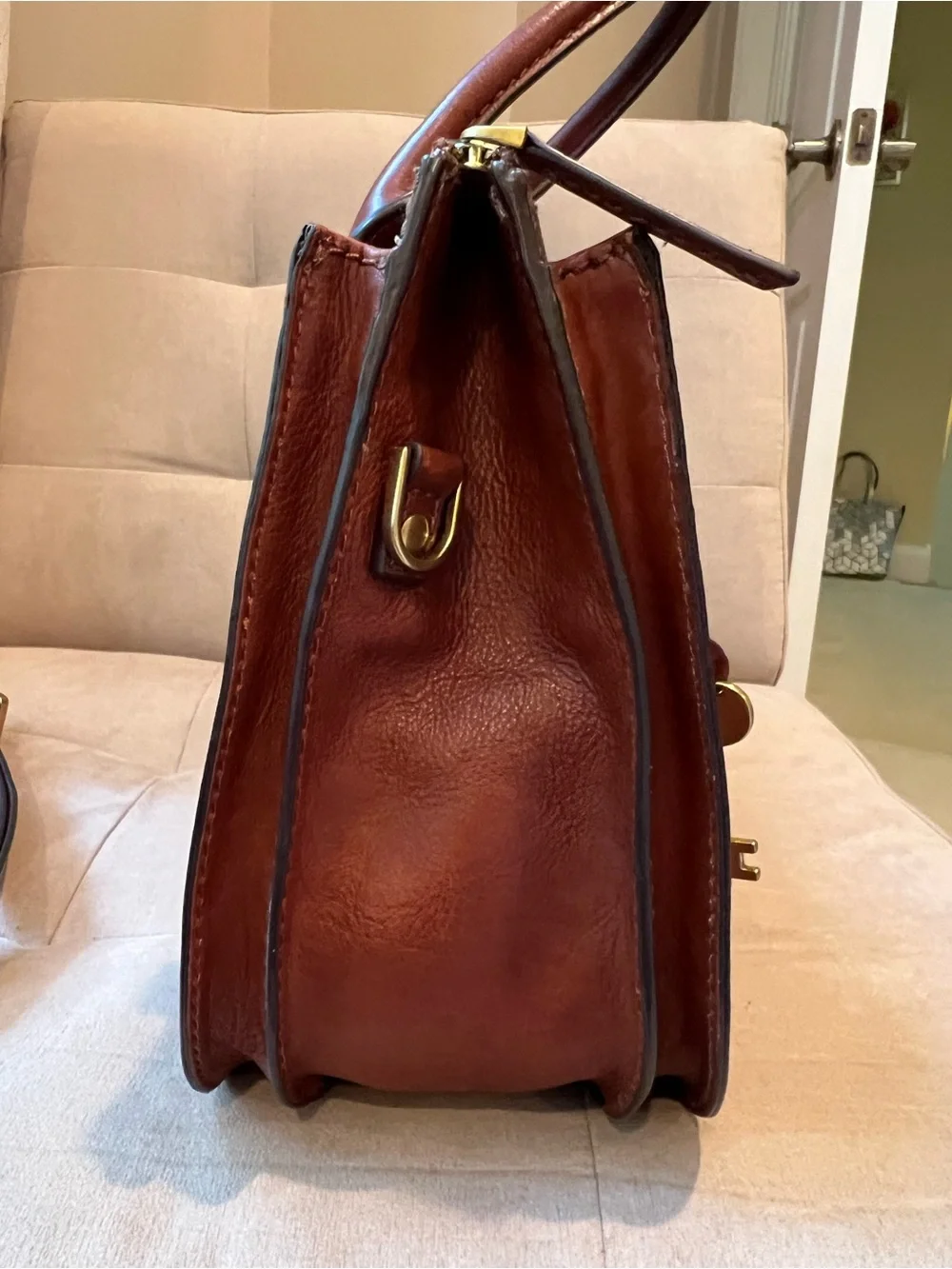Fossil Cognac Brown Leather Satchel with Key Charm